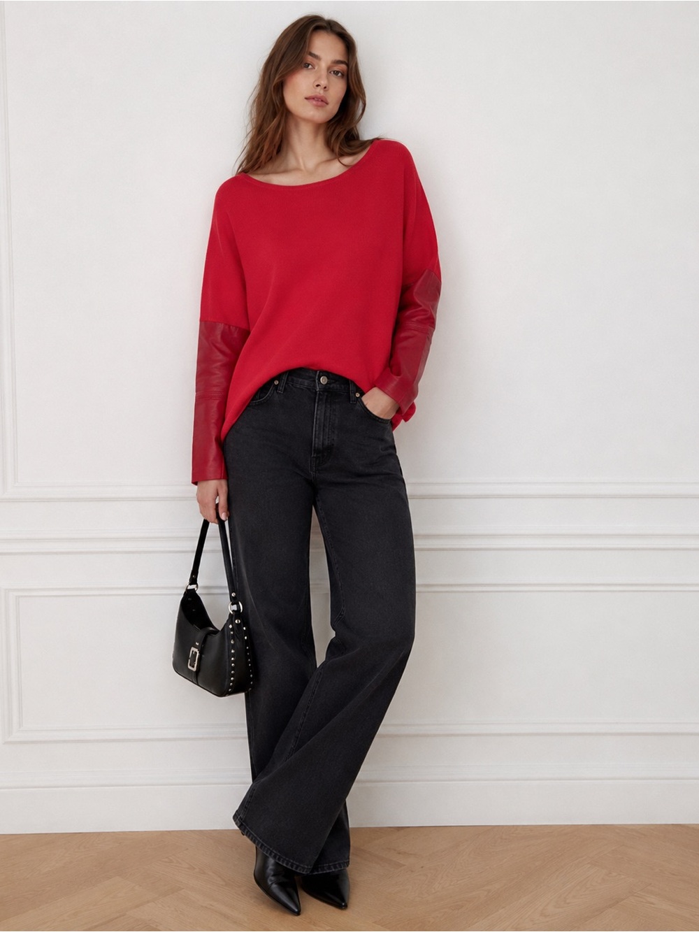 Maje Wool Silk Sweater Lamb Leather Sleeve Red Oversized Boxy Size 1 US Small